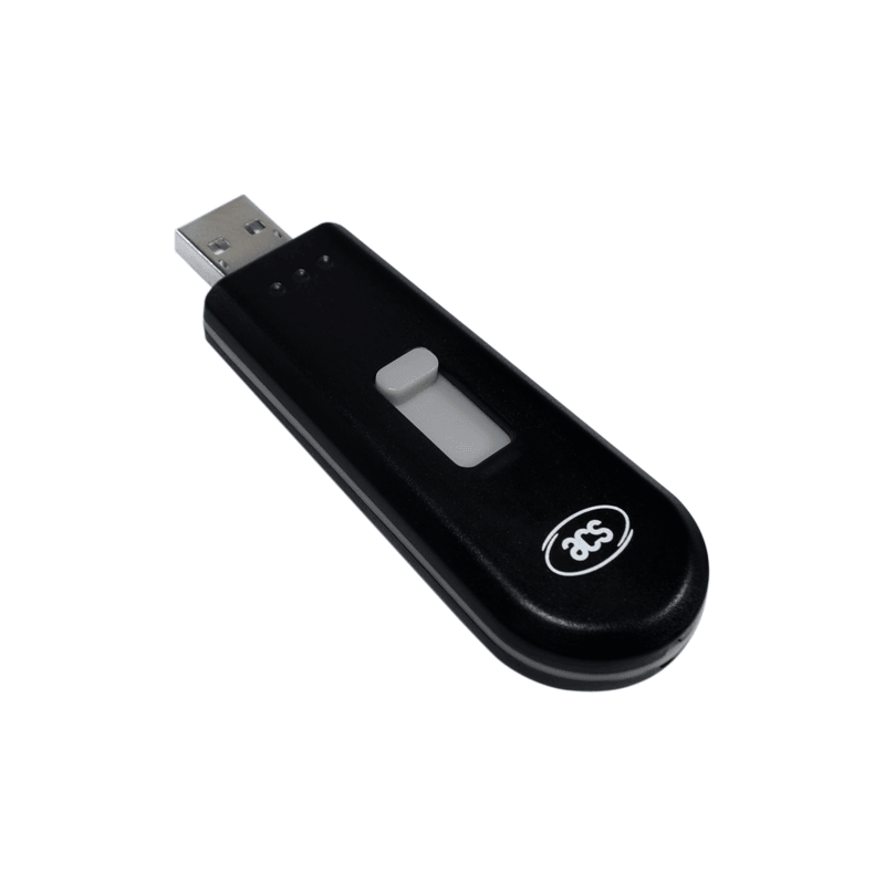 De ACR1251T USB token NFC lezer wordt gepresenteerd in een schoon productfoto die duidelijk zijn compacte lichaam en lezer venster toont.