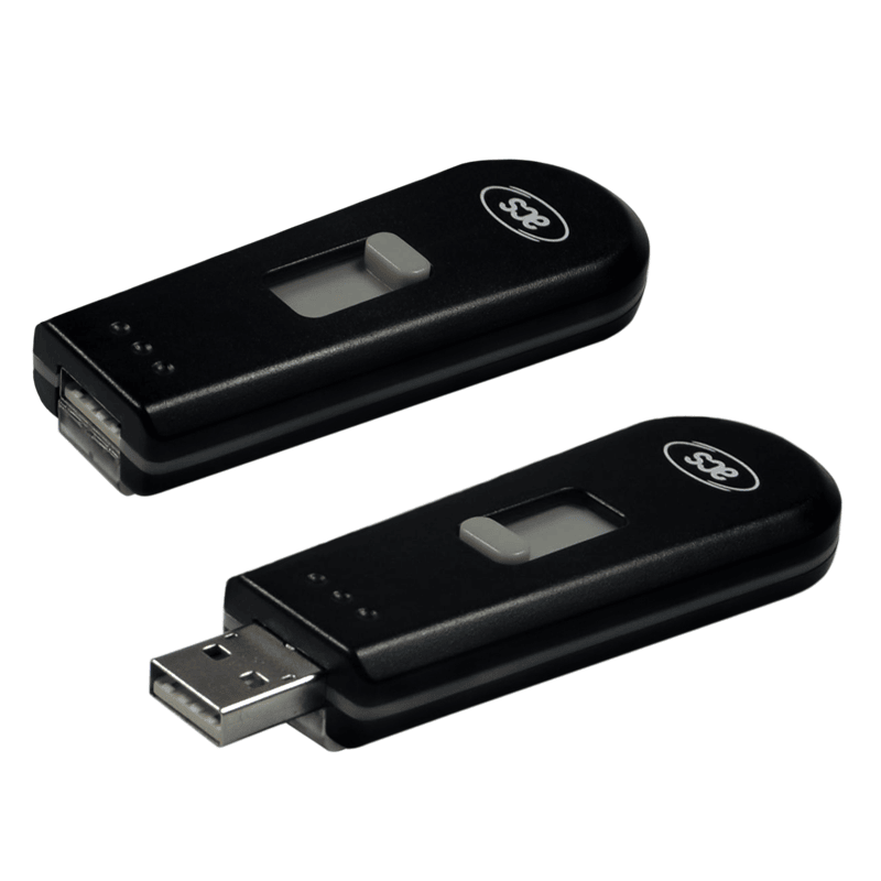 Twee weergaven van de ACR1251T NFC tokenlezer tonen het apparaat met de USB connector ingetrokken en uitgebreid voor gebruik.