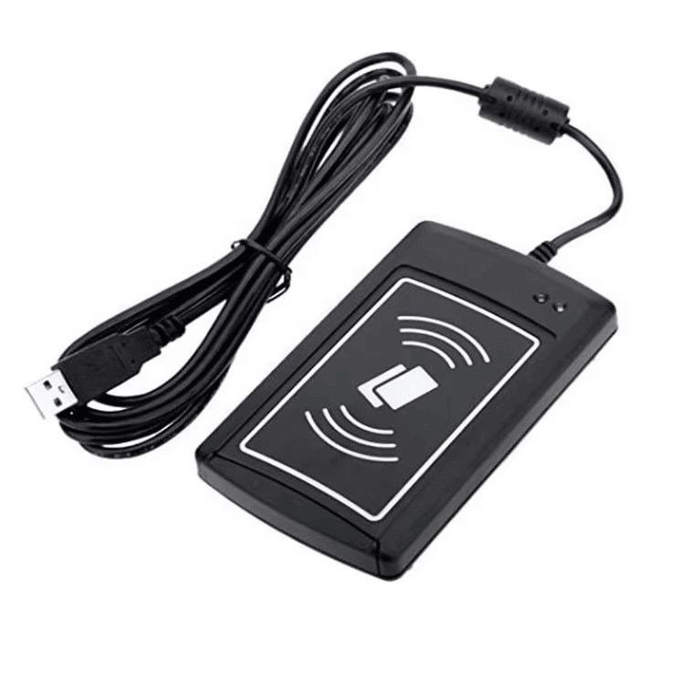 De ACR1281U-C2 contactloze UID-lezer wordt getoond onder een hoek met zijn lange USB kabel naast het apparaat.