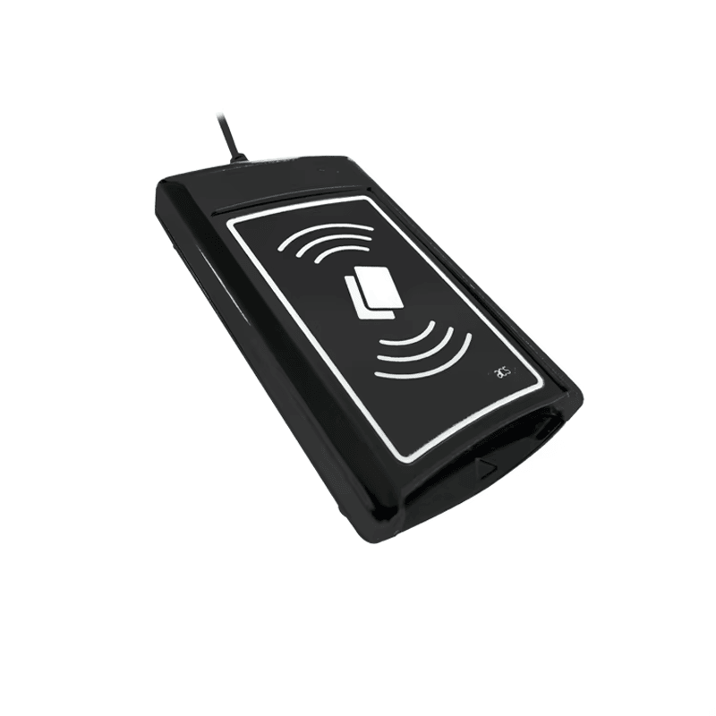 De ACR1281U-C2 contactloze UID-lezer wordt vanuit een zijperspectief getoond om de compacte laag profielbehuizing te benadrukken.