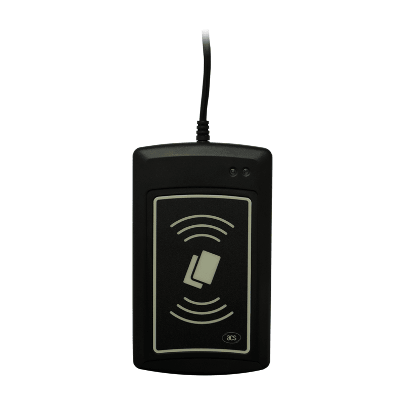 De ACR1281U-C2 contactloze kaart UID-lezer wordt verticaal weergegeven met zijn volledige frontpaneel en kabel ingang zichtbaar.