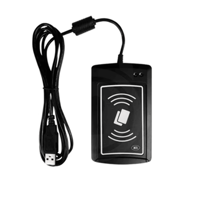 De ACR1281U-C2 lezer staat rechtop naast de USB kabel om de voorkant en kabel montage samen te presenteren.