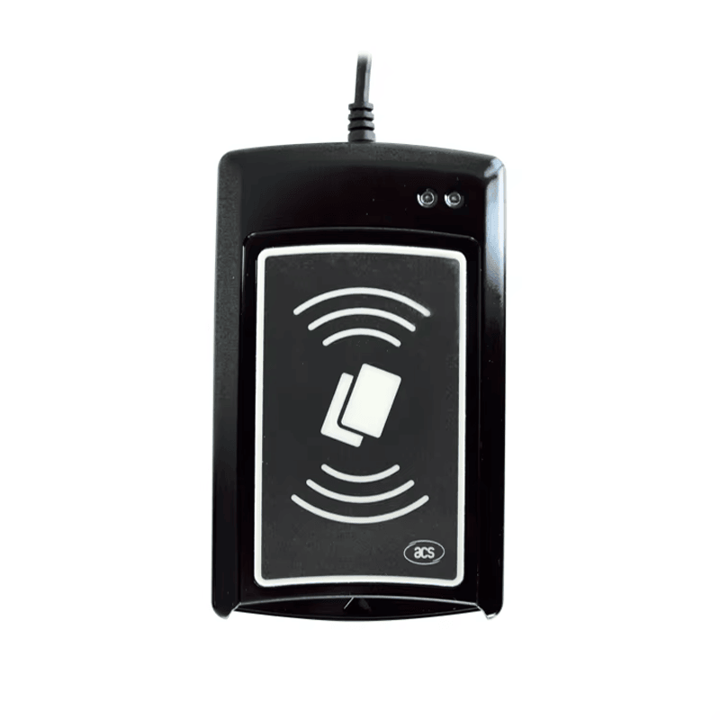 De ACR1281U-C2 contactloze UID-lezer wordt gepresenteerd in een schone voorkant die de leeszone en indicatorlichten markeert.