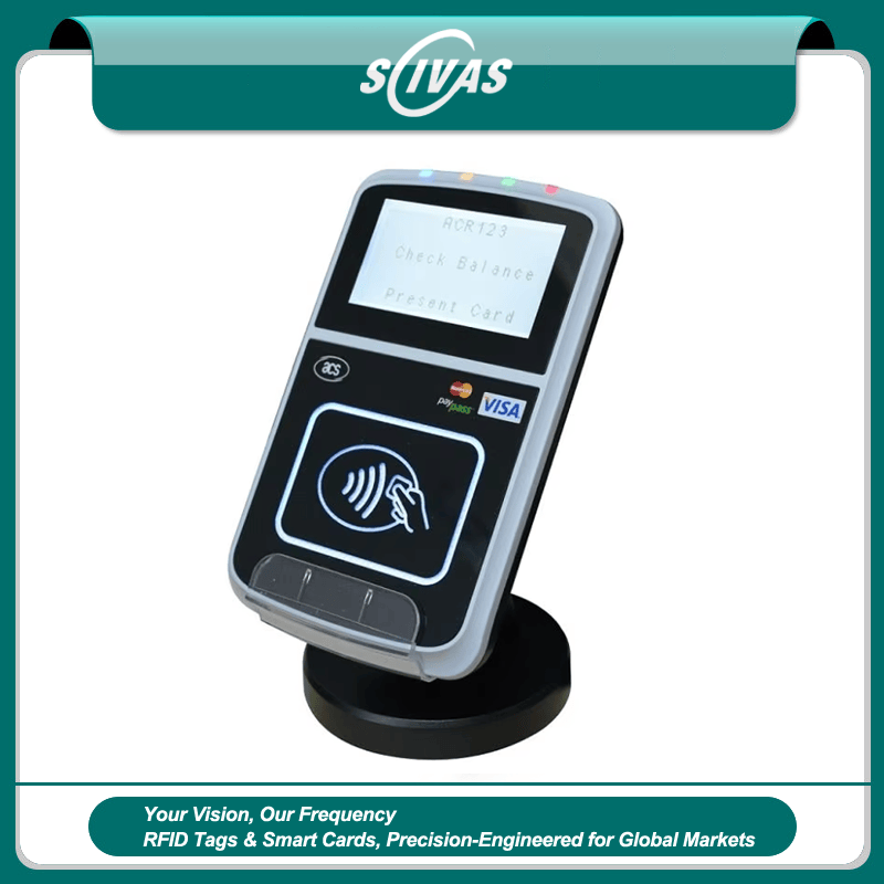 De acr122u usb NFC lezer schrijver beschikt over een compacte witte behuizing ontworpen voor professionele smartcard gegevensbeheer taken.