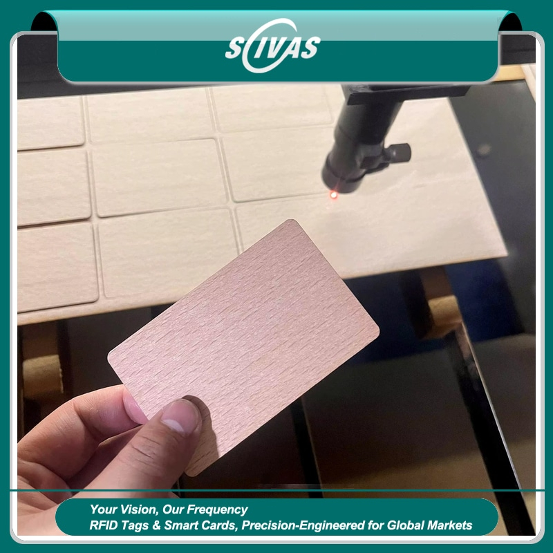 Productfoto van Eiken houten RFID smartcards met NFC-opties; met detailweergave; voor toepassingen met Houten kaarten.
