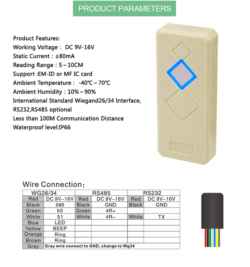 125KHz EM RFID-toegangslezer met Wiegand-uitgang gericht op wandmontage voor RFID-toegangscontroleprojecten.