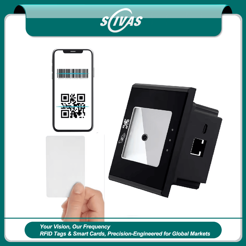 QR-code toegangslezer met SDK en RFID-kaarten; met chipdetail; voor kopers die oplossingen met QR Codetoegangslezers vergelijken.