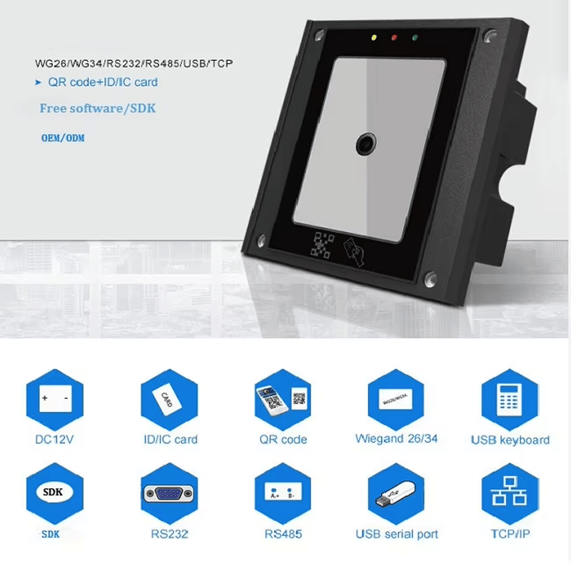 Productfoto van QR-code toegangslezer met SDK en RFID-kaarten; met contactloos scannen; in de categorie QR Codetoegangslezers.