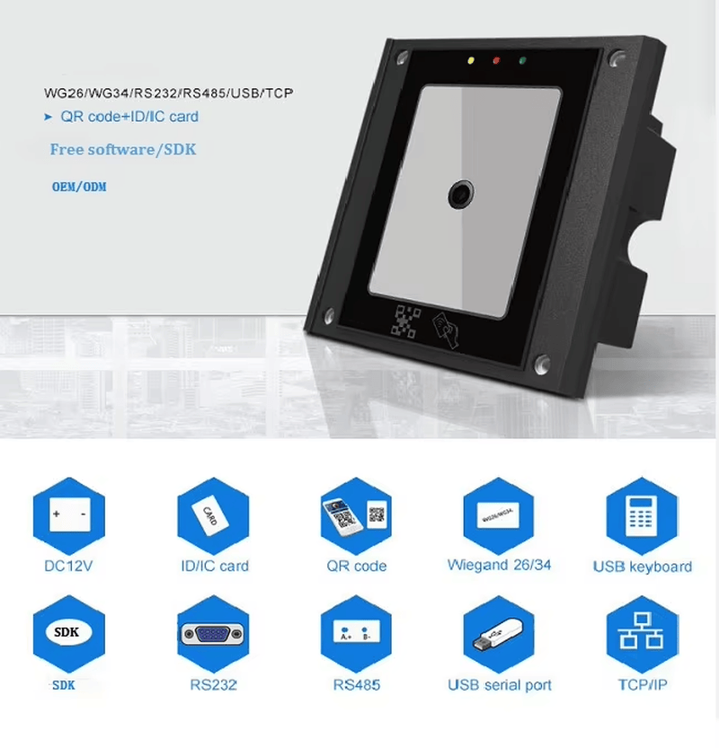 QR-code toegangslezer met SDK en RFID-kaartondersteuning voor installatie bij een deurtoegang.