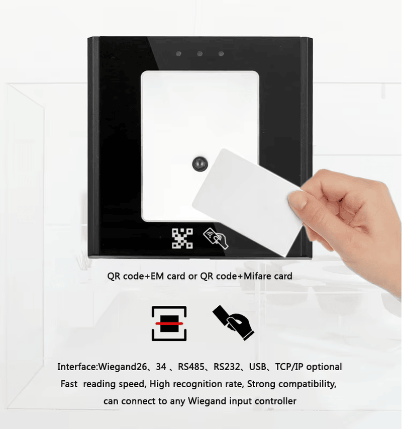 Vooraanzicht van het bedieningspaneel van de QR-code toegangslezer met SDK en RFID-ondersteuning.