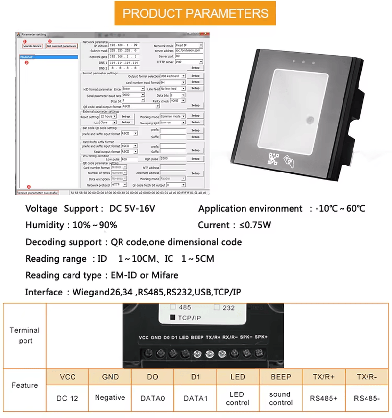 Behuizing van de QR-code toegangslezer met SDK en RFID-kaartondersteuning.