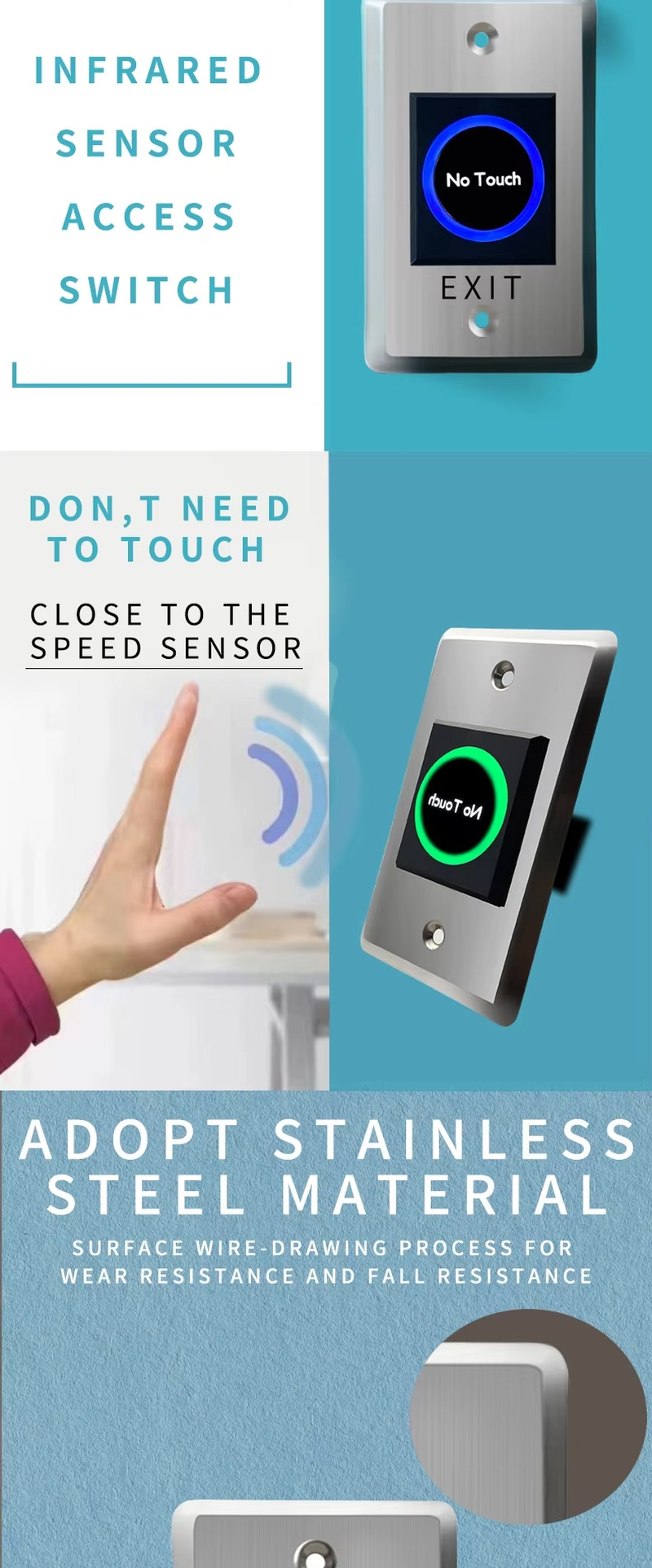 Vergelijking van de blauwe stand-by-indicator en groene activeringsindicator op de metalen infrarood-uitgangsknop ZY-TK502