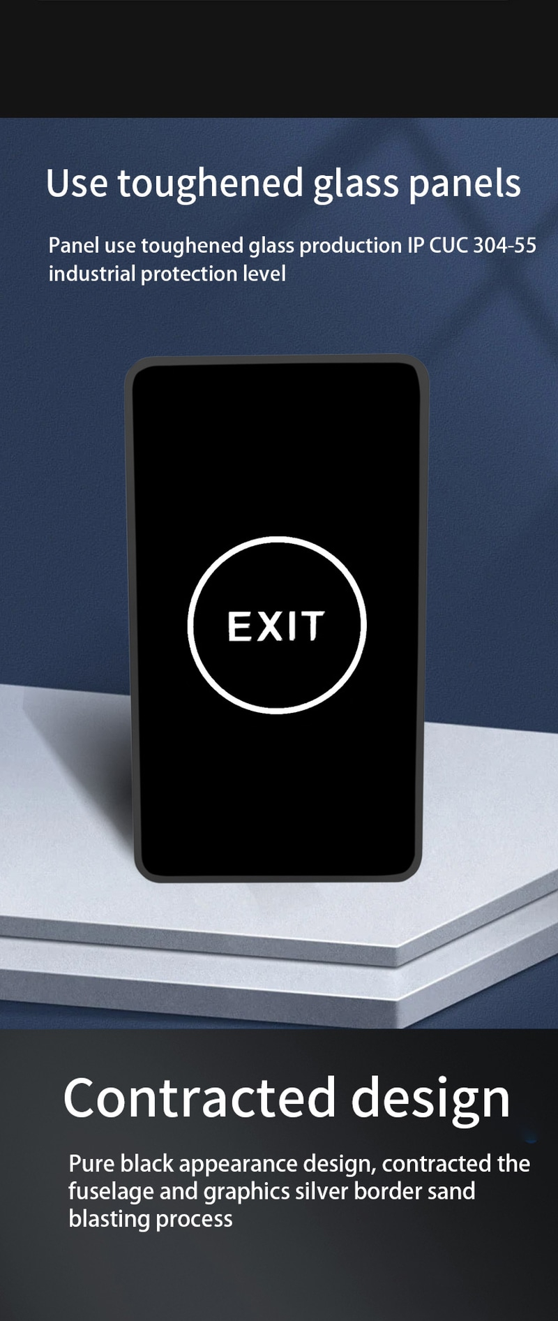 De ZY-TK506 touch exitknop toont blauwe stand-by en groene actieve LED-statusindicatie voor duidelijke visuele feedback aan bezoekers