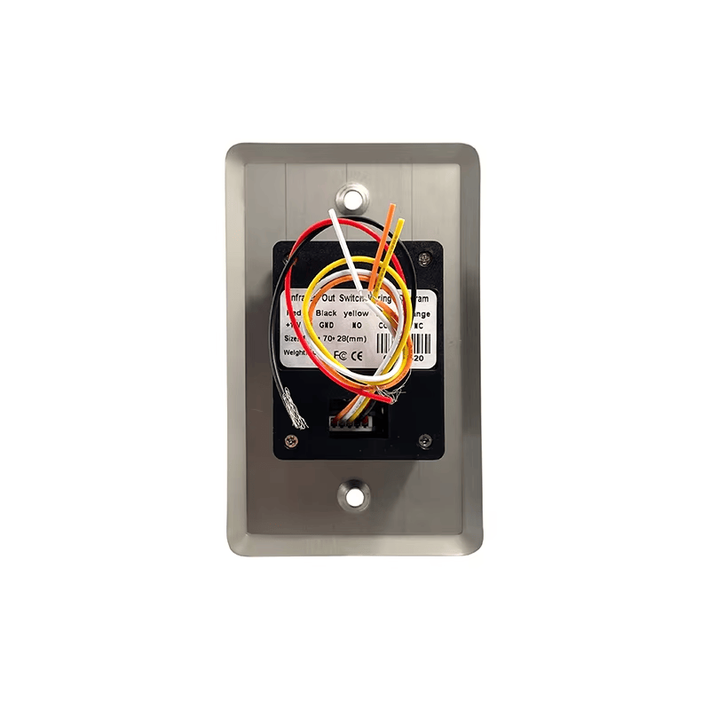Een exploded aanzicht van de ZY-TK502 exit knop componenten die de montage van de metalen faceplate en het binnenste sensor bord illustreren