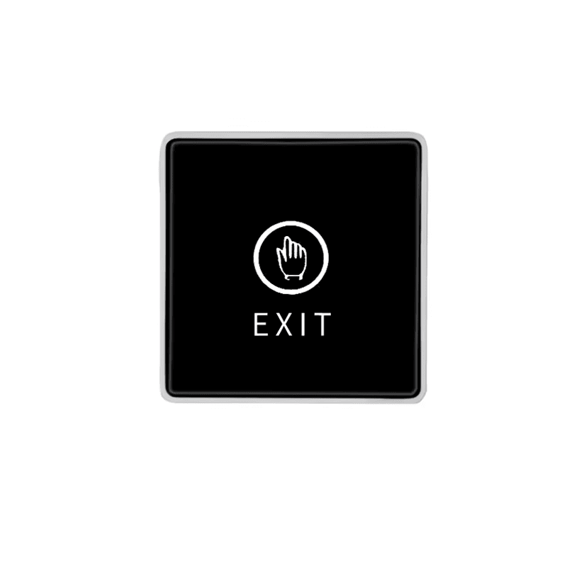 Een hoekig perspectief van de ZY-TK509 touchless exit sensor met een strak vierkant ontwerp en een duurzame witte kunststof behuizing.