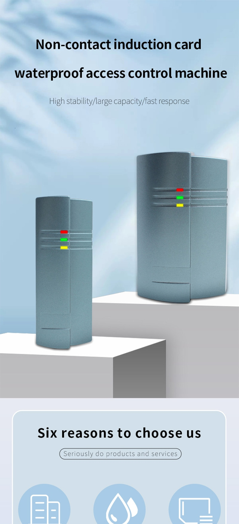 Deze overzichtsafbeelding toont zowel de brede szy-sm608 als de smalle zy-sm609 RFID-toegangsterminal voor verschillende installatieomgevingen