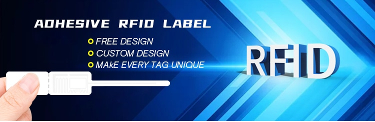 Promotionele afbeelding van een zelfklevend RFID-labelconcept met maatwerktekst en een gestileerde labelillustratie.