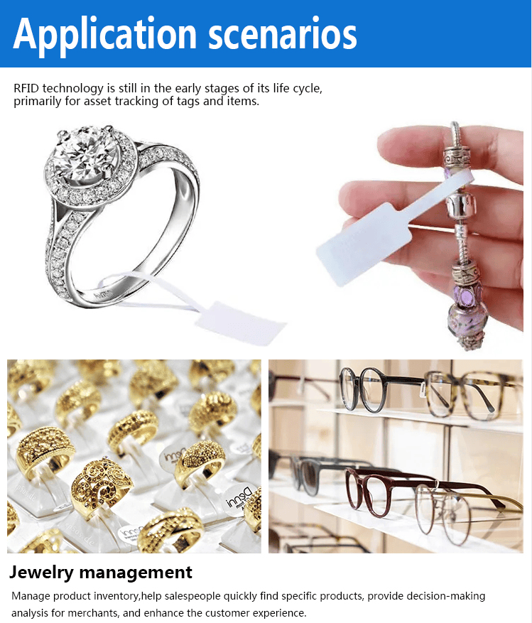 Dit toepassingsbord toont RFID-sieradenlabels voor ringen, armbanden, brillen en voorraadbeheer in de retail.