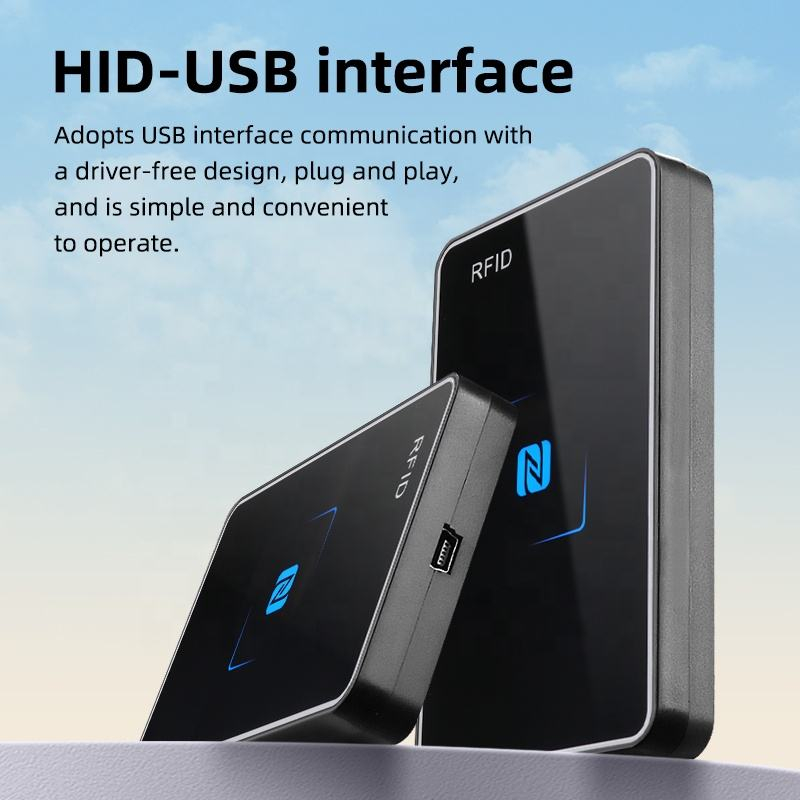 Functieposter benadrukt de NFC300 HID USB interface en toont twee lezers plus de zijpoort voor stuurprogramma gratis plug en play gebruik.